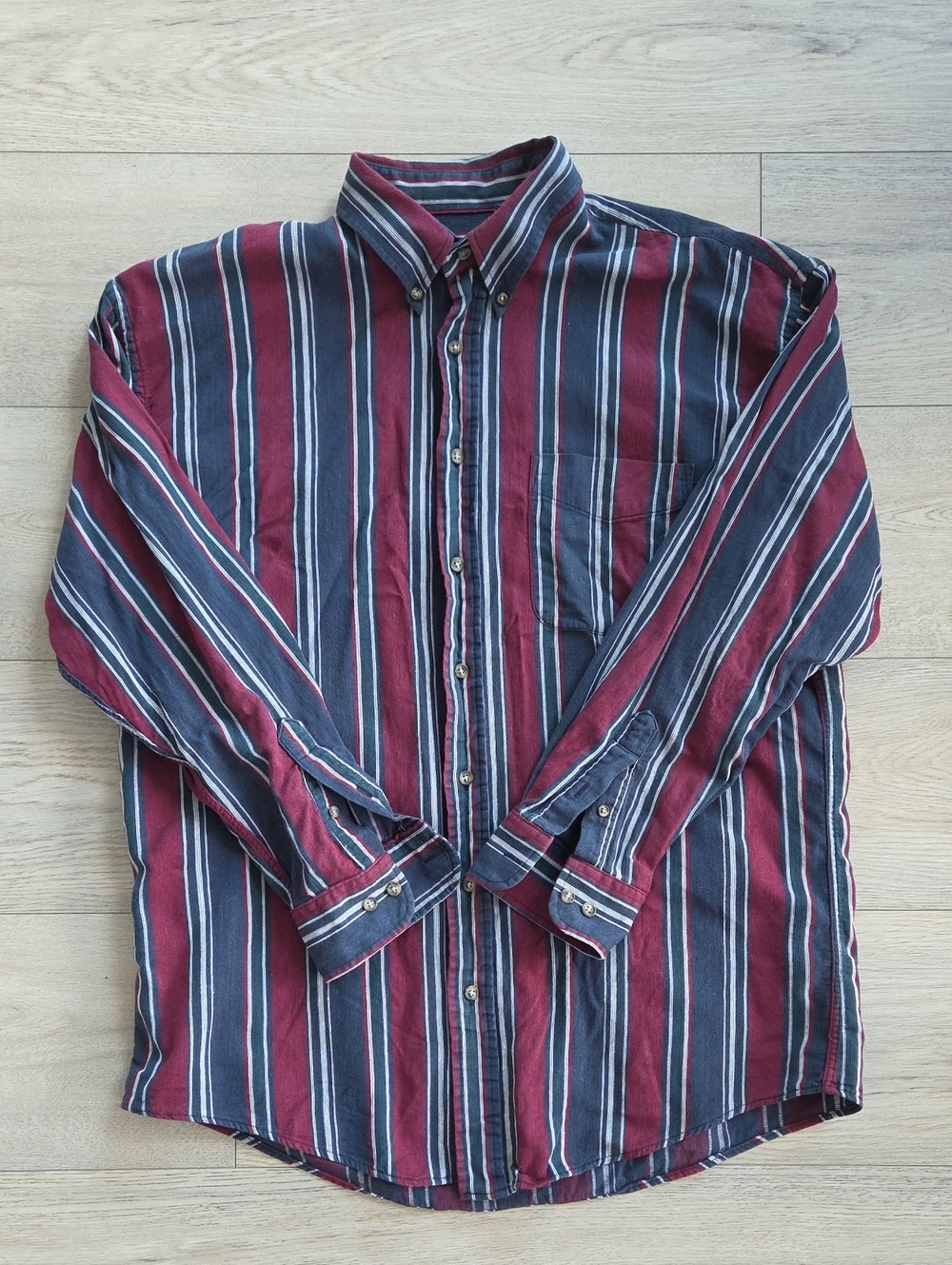 Vintage Men's L Striped Button-Down Shirt in Burgundy & Navy